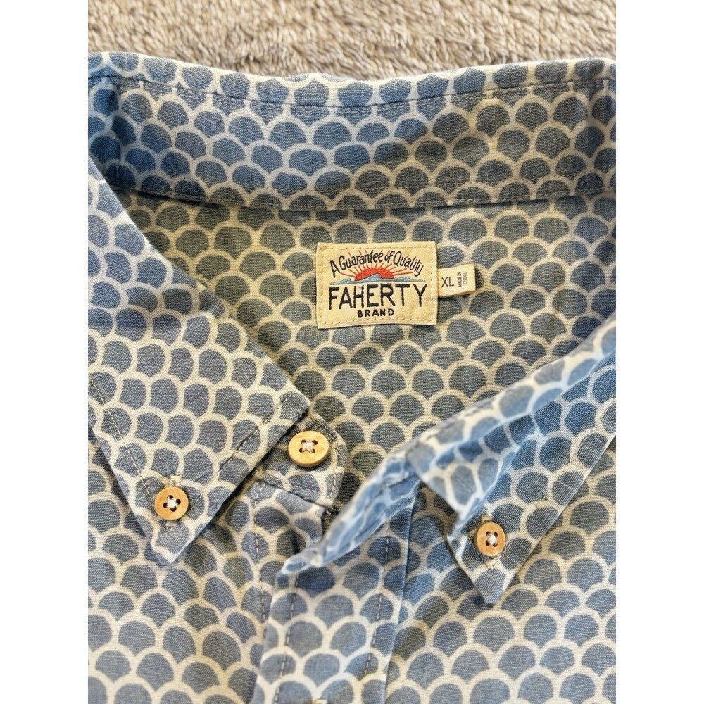 Faherty Shirt Mens XL Blue Fish Scale Redux Short-Sleeve Stretch Playa Summer